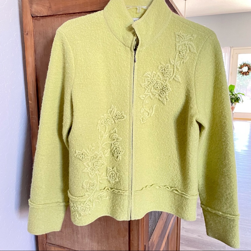 Coldwater Creek Boiled Wool Zip Front Jacket Cardigan Sz M Women’s-Lime